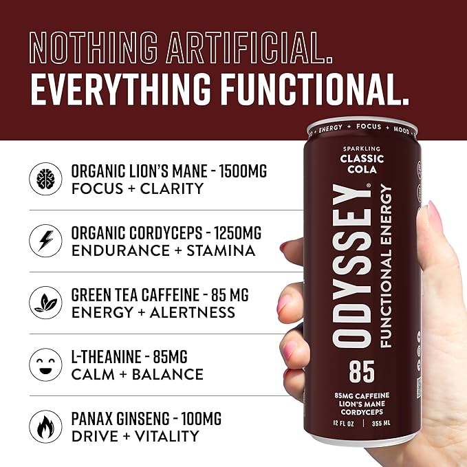 Odyssey Functional Energy Drink for Focus, Cognition & Mood Support 12 Pack - Adaptogenic Drink with 85mg Green Tea Caffeine, Lion’s Mane, Cordyceps, L-Theanine & Ginseng, Sparkling Cola - Bloomnest