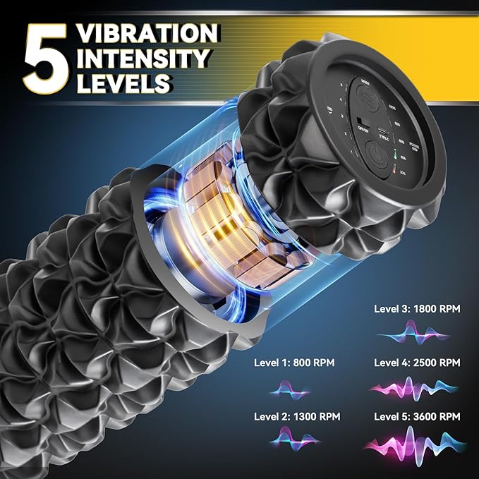 Vibrating Foam Roller, High Density Massage Muscle Roller Back Roller Foam for Back Pain Relief & Muscle Recovery and Physical Therapy, 5-Speed Rechargeable Exercise Roller, 2 Modes - Bloomnest