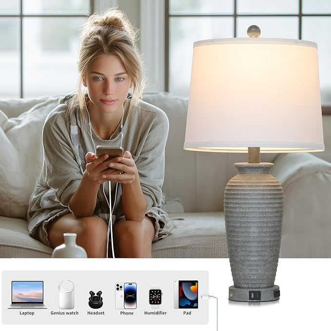 25" Grey Farmhouse Jar Table Lamps, 3 Way Touch Control Rustic Bedside Lamps with USB A+C Ports & AC Outlet, Pot Nightstand Lamps for Bedroom End Table (LED Bulbs Included) - Bloomnest