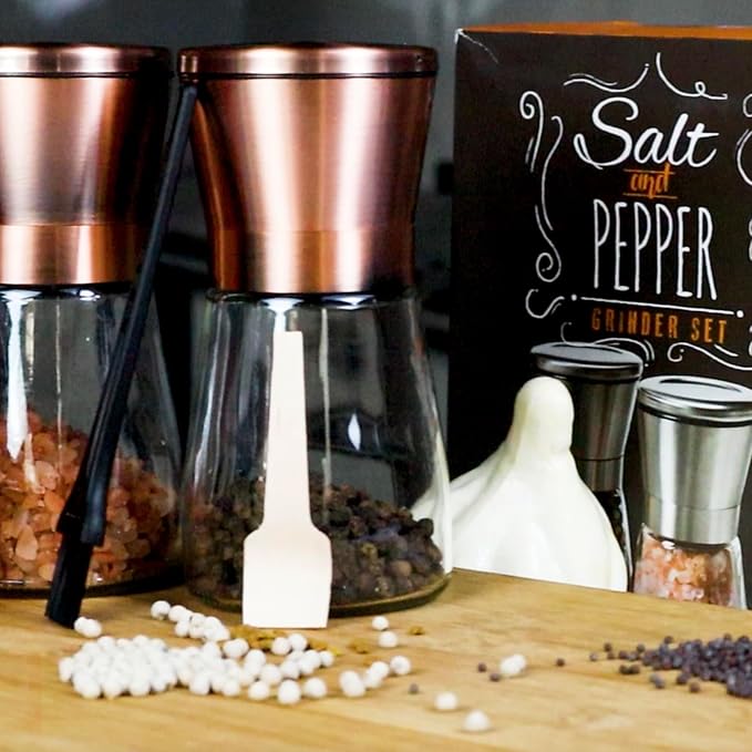 Kitchen Bliss Premium Copper Stainless Steel Salt and Pepper Grinder Set - Short Glass Shakers - Adjustable Coarseness Mills - Refillable with Himalayan Salt, Black Peppercorn - Set of 2 - Bloomnest