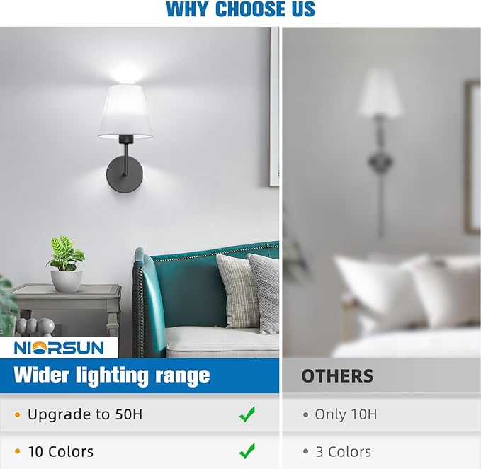 NIORSUN 13.8 inch Battery Operated Wall Sconce Set of 2,Black Rechargeable Wall Lights with 5200mAh Dimmable Detachable Bulbs and Remote,9 Colors Wireless Sconces for Bedroom Living Room Hallway - Bloomnest