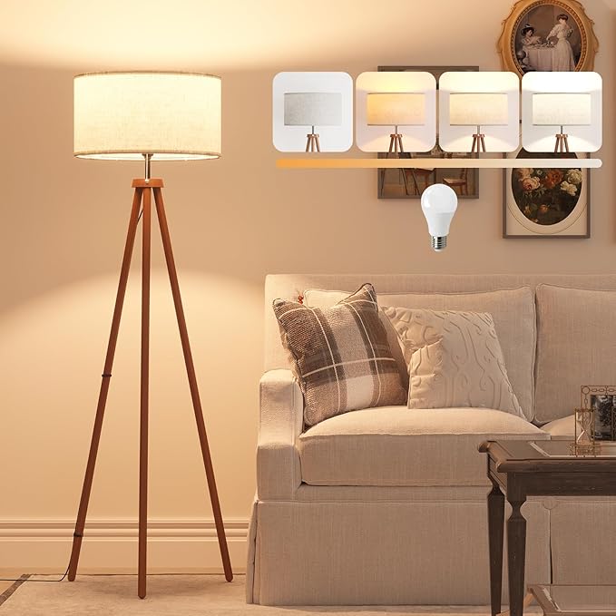 LiteHistory Wood Tripod Floor Lamps for Living Room, Bedroom, and Office,Standing lamp with Beige Linen Shade, 12W Three-Color Bulb Included, Pull Chain Switch, Tall lamp for Mothers Day Gifts, Brown - Bloomnest
