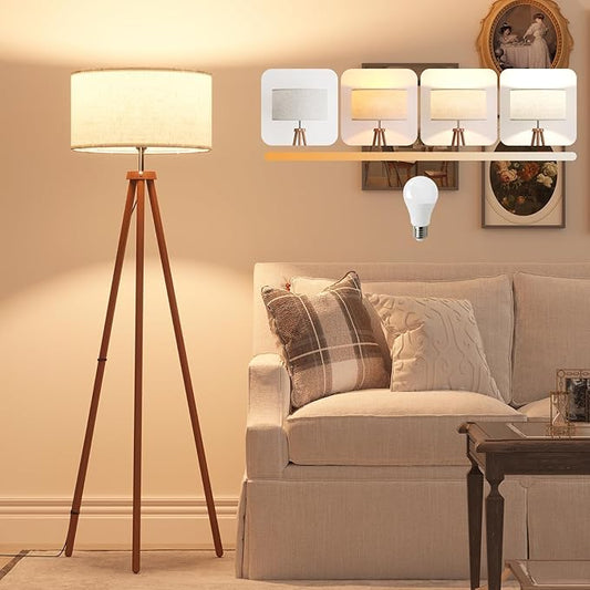 LiteHistory Wood Tripod Floor Lamps for Living Room, Bedroom, and Office,Standing lamp with Beige Linen Shade, 12W Three-Color Bulb Included, Pull Chain Switch, Tall lamp for Mothers Day Gifts, Brown - Bloomnest