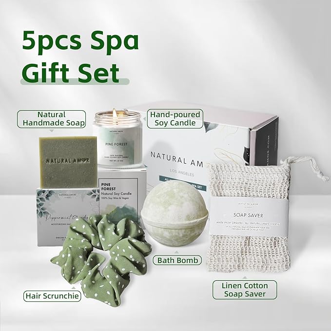 Natural Amor Green Spa Gift Set for Women, Peppermint Forest Bath Gift for her,5pc Bath & Body Gift Including Soap Bar, Candle, Bath Bomb - Bloomnest