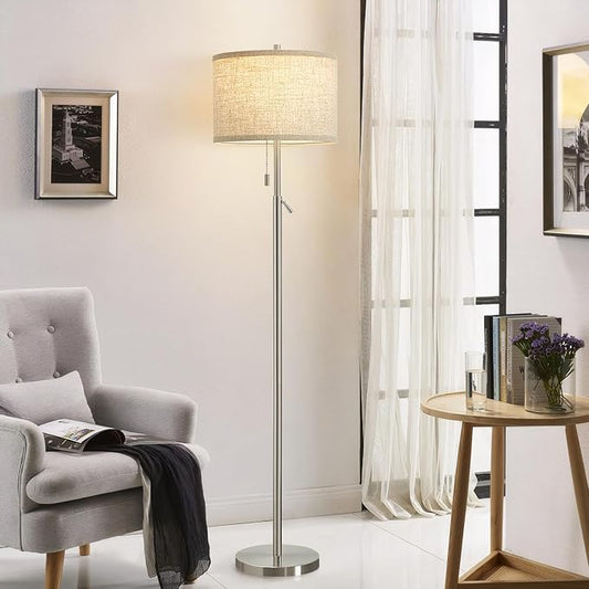 GyroVu Silver Floor Lamp, Height Adjustable Standing Lamp Tall Lamp with Fabric Lampshade&Pull Chain Corner Floor Lamps for Living Room, Bedroom & Office Bulbs Not Included(Silver) - Bloomnest
