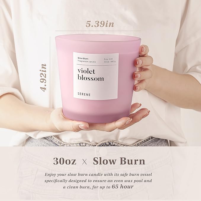 Hidden Label Large Scented Candle, Violet Blossom, 30oz 3 Wick Huge Candle, Serene Collection Slow Burn Natural Soy Candles for Home Scented - Bloomnest