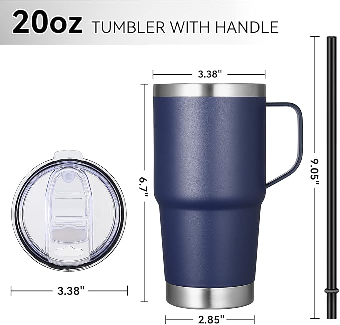 VEGOND 20 oz Tumbler Bulk with Handle Lid and Straw, Stainless Steel Insulated Travel Coffee Mug Set, Spill Proof Double Wall Metal Tumblers Cups, Powder Color Navy Blue 12 Pack - Bloomnest