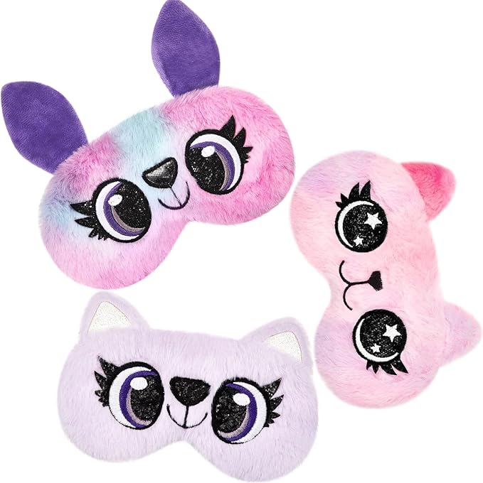 3 Pieces Sleep Mask for Kids, Girls Plush Sleeping Eye Cover Soft Eye Blindfold Cover Animal Shade for Kids(Purple, Big Eyes Style) - Bloomnest