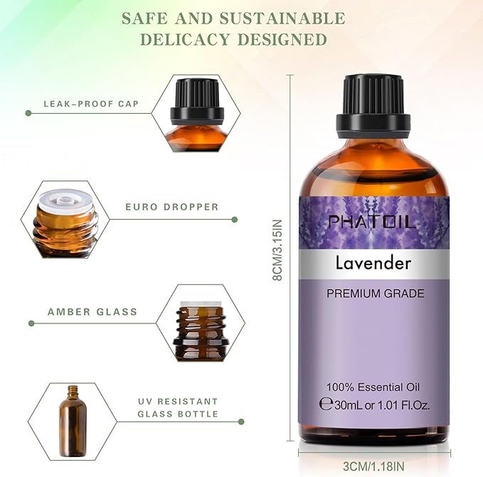 Lavender Essential Oil 1.01fl.oz/30ml, PHATOIL Lavender Oils Long Lasting Scents for Aromatherapy, Diffuser, DIY Soap and Candle Making PHATOIL