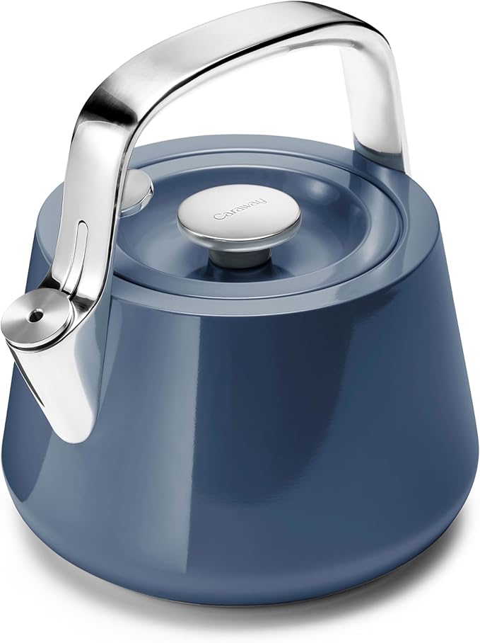 Caraway 2 Quart Whistling Tea Kettle - Durable Stainless Steel Tea Pot - Fast Boiling, Stovetop Agnostic - Non-Toxic, PTFE & PFOA Free - Includes Pot Holder - Navy - Bloomnest