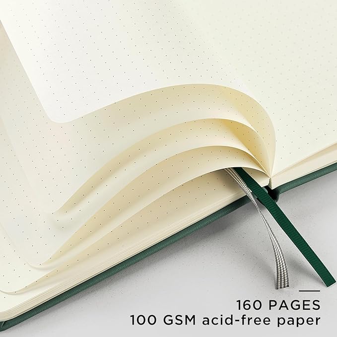 &And Per Se Dotted Journal Notebook, A5 Hardcover Leather Bullet Dotted Journal, 160 Pages 100 gsm Thick Paper, 3 Sheets of Stickers Included - 5.7'' x 8'' （Green）