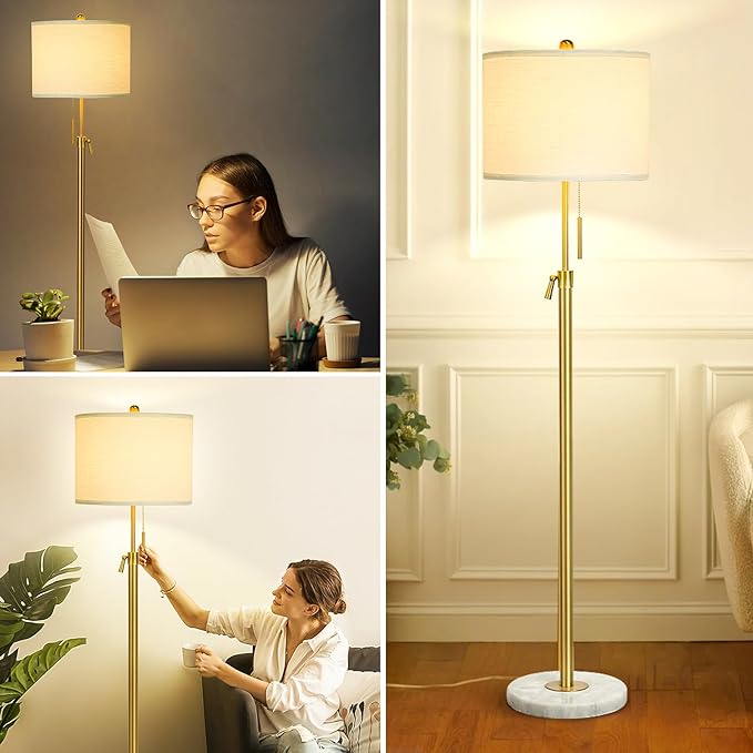 【Upgrade】 Gold Floor Lamps for Living Room, 55"-67" Height Adjustable Modern Standing Lamp with Marble Base, Pull Chain Switch, 3-Way Dimmable Tall Pole Lamp for Bedroom Office Reading, Bulb Included - Bloomnest