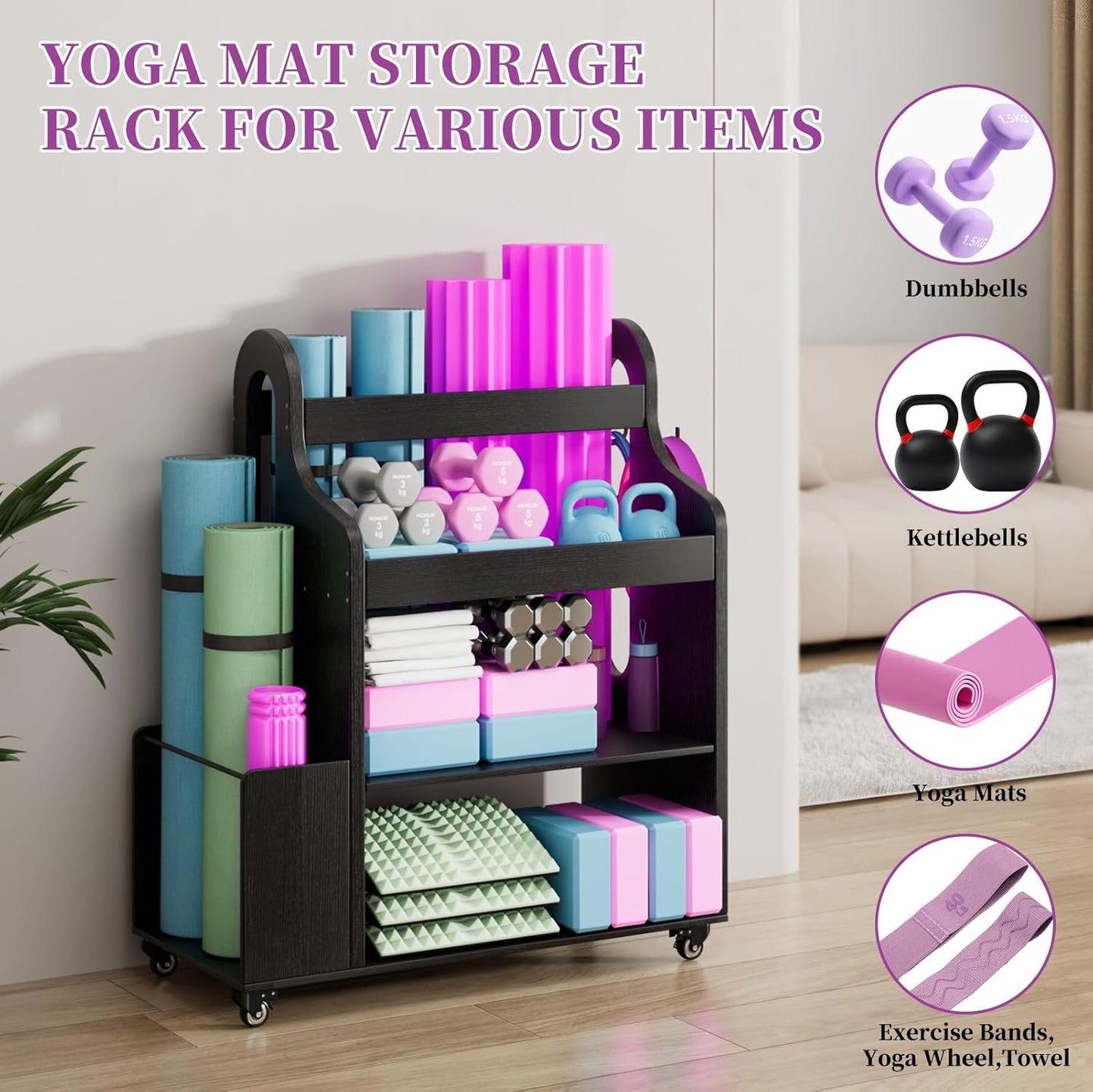 Weight Rack for Dumbbells, Home Gym Organizer Rack Yoga Mat Holder with Wheels and Hooks, All in One Workout Storage for Yoga Mat, Foam Roller, Gym Storage Storage for Home Exercise(Wood)