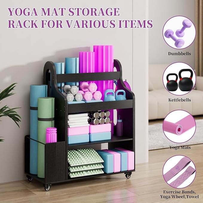 Weight Rack for Dumbbells, Home Gym Organizer Rack Yoga Mat Holder with Wheels and Hooks, All in One Workout Storage for Yoga Mat, Foam Roller, Gym Storage Storage for Home Exercise(Wood) - Bloomnest