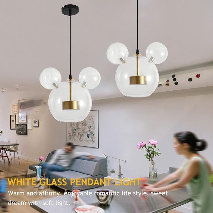 Cartoon Mouse Pendant Light Creative Personality Glass Chandelier Cute Fun Children's Bedroom Height Adjustable Ceiling White 001 001 - Bloomnest