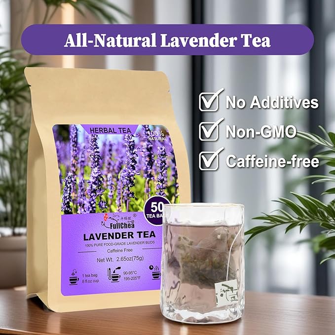 FullChea - Lavender Tea Bags, 50 Teabags - Pure Lavender Flowers for Relaxation - Caffeine-Free Floral Tea for Sleep & Wellness - Bloomnest