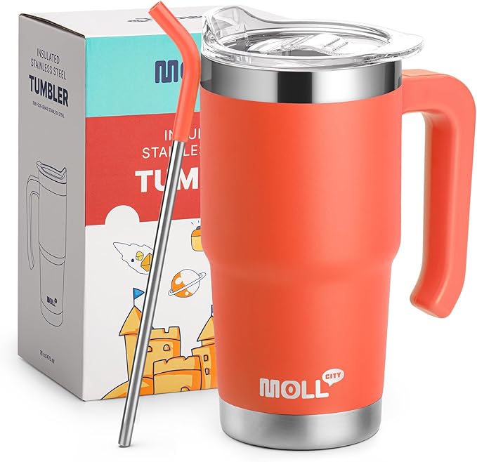 Kids Tumbler-16 oz Stainless Steel Double Wall Vacuum Insulated Tumbler Cup with Lid and Straw Travel Coffee Mug with Handle(Orange) - Bloomnest