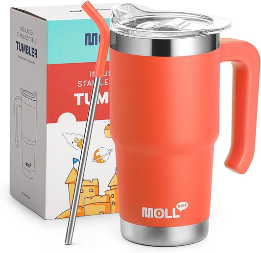 Kids Tumbler-16 oz Stainless Steel Double Wall Vacuum Insulated Tumbler Cup with Lid and Straw Travel Coffee Mug with Handle(Orange) - Bloomnest