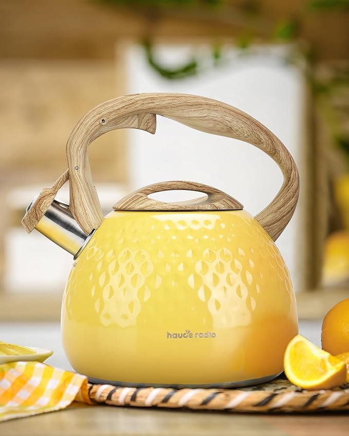 Tea Kettle, Stovetop Teapot, 2.5 Quart, Loud Whistle, Food Grade Stainless Steel and Smooth Wood Pattern Handle, Sophisticated Look for Hiking, Picnic, for Tea, Coffee, (Yellow) - Bloomnest