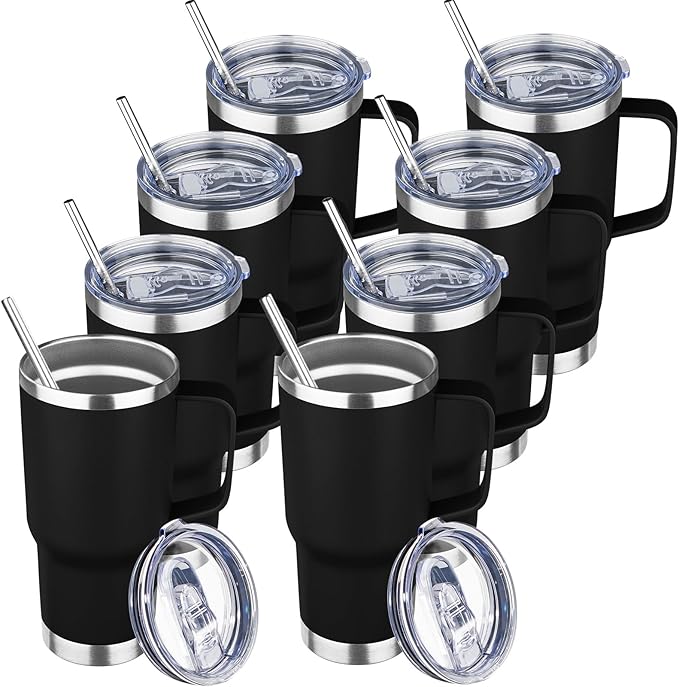 20 oz Tumbler with Handle Stainless Steel Insulated Coffee Mug Tumbler with Lid and Straw Double Wall Vacuum Insulated Coffee Mug Leak Proof Travel Mug Tumbler for Hot and Cold Drink (Black,8pack)