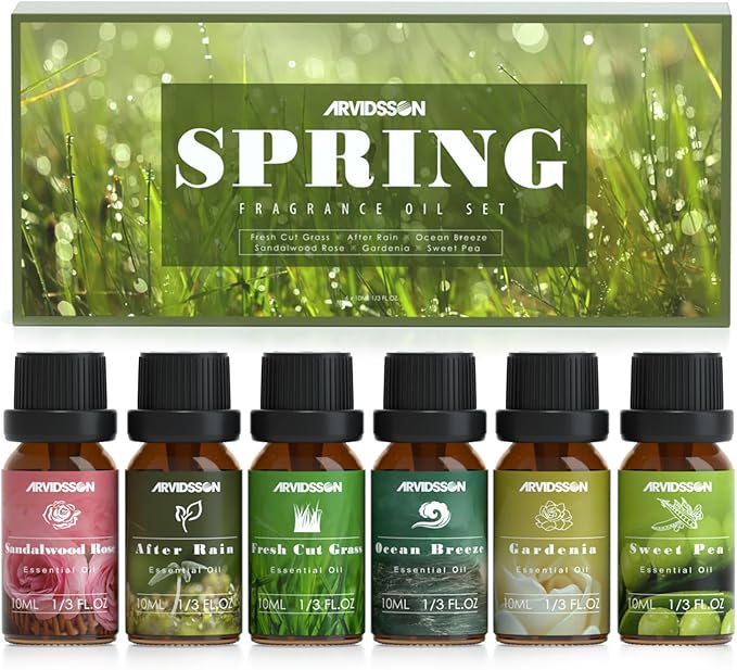 Spring Essential Oils Set, ARVIDSSON Natural Fragrance Oil for Diffuser, Candle Making - After Rain, Ocean Breeze, Fresh Cut Grass, Gardenia, Sweet Pea, Rose Sandalwood, Spring Scented Oil Gift Set - Bloomnest