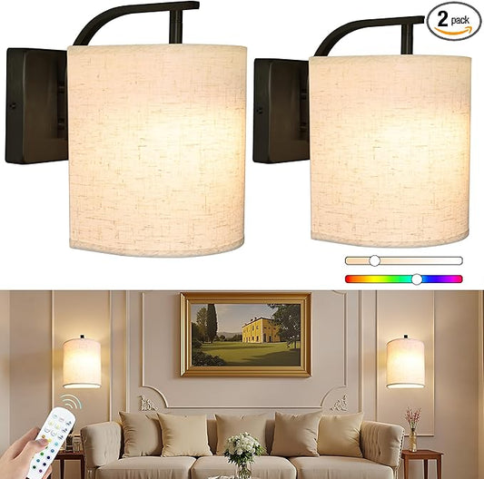 Wireless Wall Sconces Set of 2, Rechargeable Battery Operated Wall Lights with Remote, Dimmable Magnetic LED Bulbs,12 RGB Colors and Timer, Cordless Sconces for Bedroom Living Room (Black) - Bloomnest