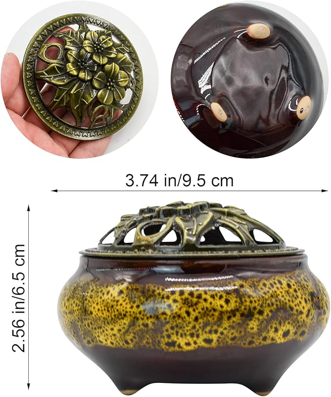 MrMrKura Ceramic Incense Burner with Lid, Incense Holder for Sticks Incense Cone Holder with Brass Incense Stick Holder for Yoga Meditation Home Decor (Fambe Yellow) - Bloomnest