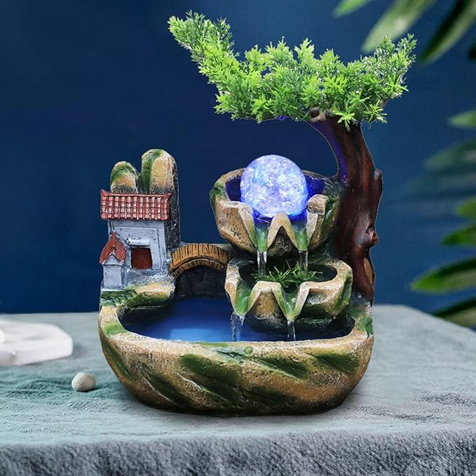 Waterfall Fountain Indoor Mini Waterfall with Led Lights & Atomizer Indoor Fountains and Waterfalls Table Top Water Fountain for Office, Home, Bedroom Desk Decor (Rockery Flowing Water)