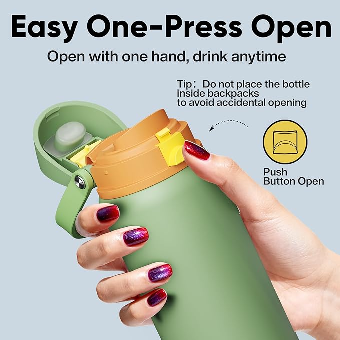 Insulated Water Bottle with Straw - Encool Stainless Steel Water Bottle with Push Button Lid, Leak-Proof & BPA-Free, Keeps Cold for 24 Hours for Sports, Travel, Gym (32 oz, Lichen-Yellow) ENCOOL