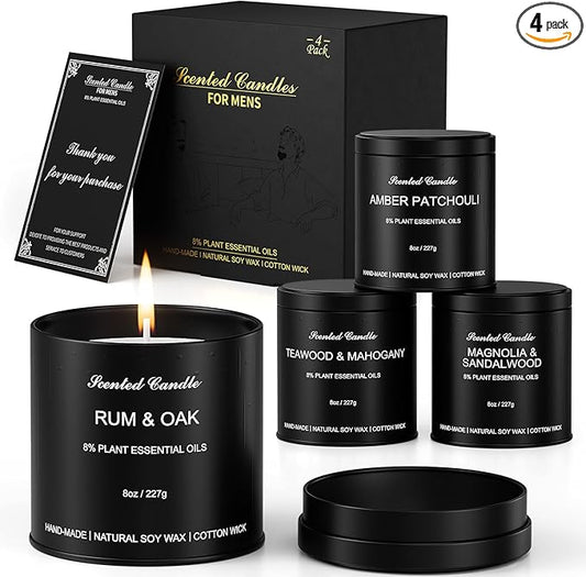 Men's Scented Candle Sets | 4 Pack Aromatherapy Candles Gift in Matte Black Tins for Christmas,Father | Soy Wax Manly Candles of Amber Patchouli,Rum&Oak,Teawood&Mahogany,Magnolia&Sandalwood - Bloomnest