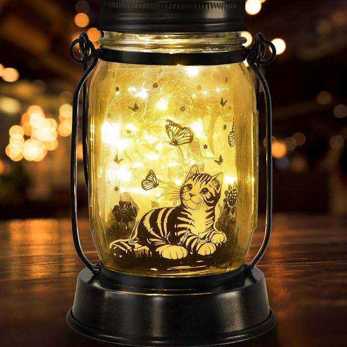 Cat Gifts Cat Solar Lanterns Cat Solar Lights Outdoor Cat Lover Gifts for Women Men Cat Lovers Gifts Hanging Cat Lanterns with Stake for Yard Lawn Garden Decor Waterproof Cat Butterfly Lantern Torches - Bloomnest