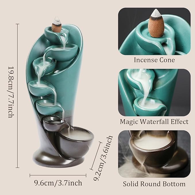 YYW Backflow Incense Burner Holder Handmade Statue Decor Fountain Waterfall Incense Holder with 20 Backflow Incense Cones 30 Incense Sticks 1 Tweezer 1 Mat for Indoor Meditation Yoga (Green) - Bloomnest