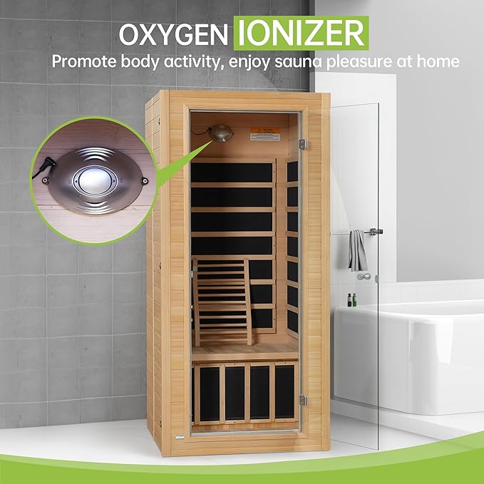 Real Relax 1 Person Infrared Sauna, Indoor Near Zero EMF Canadian Hemlock Wood Sauna with 1400W, 9 Chromo Therapy Lights, Oxygen Lonizer, Bluetooth, LCD Control Pannel for Home Spa Days RealRelax