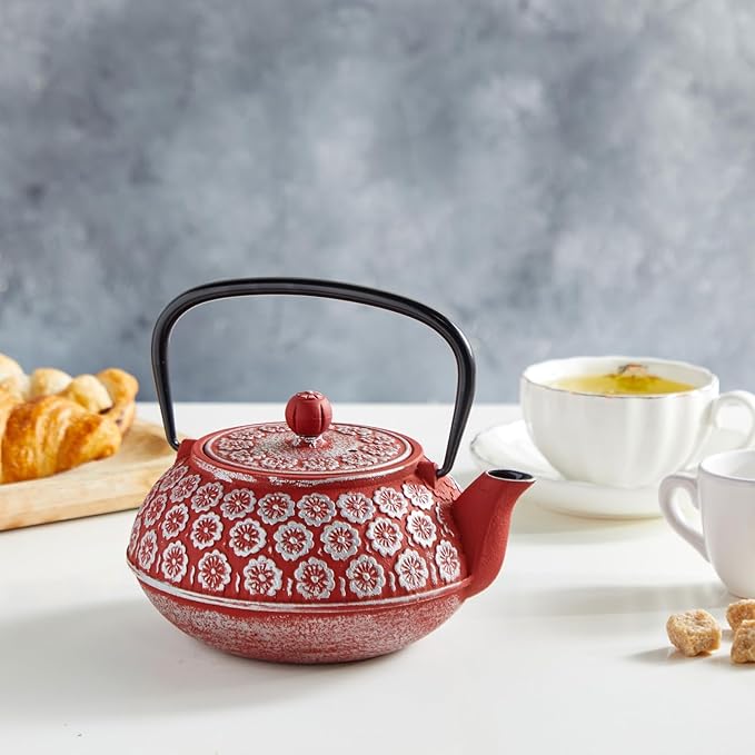 Juvale Red Floral Cast Iron Teapot Kettle - Superior Heat Retention & Stovetop Tea Kettle - Built-In Infuser & Loose Leaf Tea Pot - Red, 34 oz