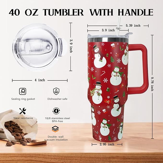 Ceovfoi 40 Oz Christmas Snowman Tumbler Coffee Travel Mug Cup with Handle, Snowman Decor, Christmas Gifts for Women - Bloomnest