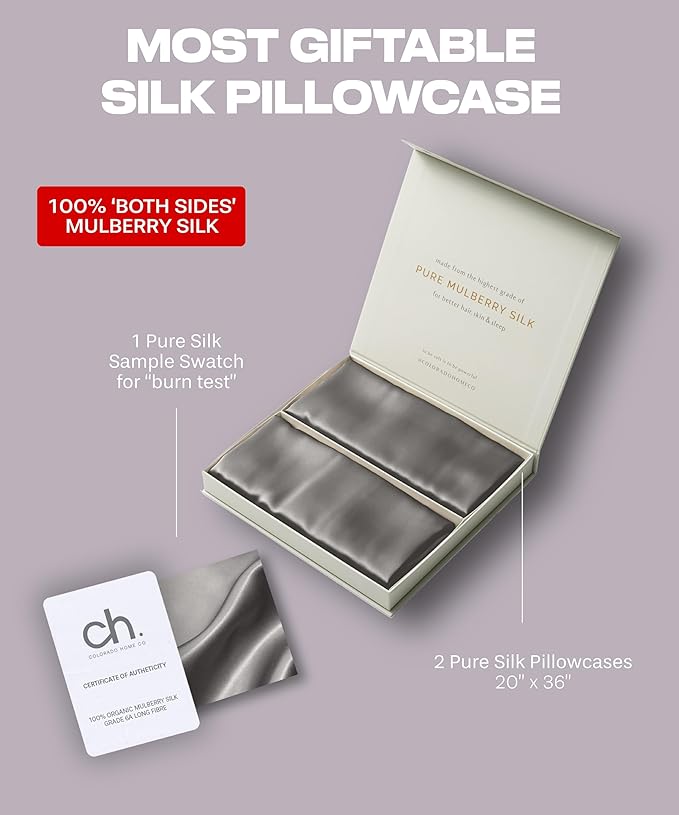 SUNDAYSILKS™ Silk Pillow Cases 2 PACK | 22 Momme Mulberry Silk Pillowcase Set of 2 | Standard Queen, King Size | All Sides 100% Pure Silk Slip Pillowcase Bliss for Women with Zipper [Charcoal Essence] - Bloomnest