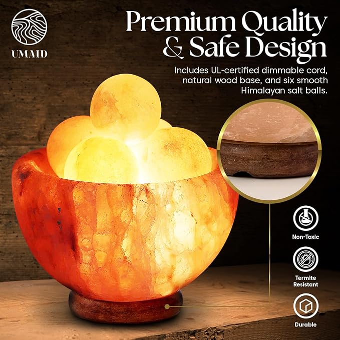 UMAID Himalayan Salt Lamp Bowl with 6 Massage Balls – Dimmable Natural Pink Rock Salt Lamp for Relaxation, Meditation,Yoga, Spa, Office, Bedroom, Wellness, Home Decor, and Unique Gift - Bloomnest