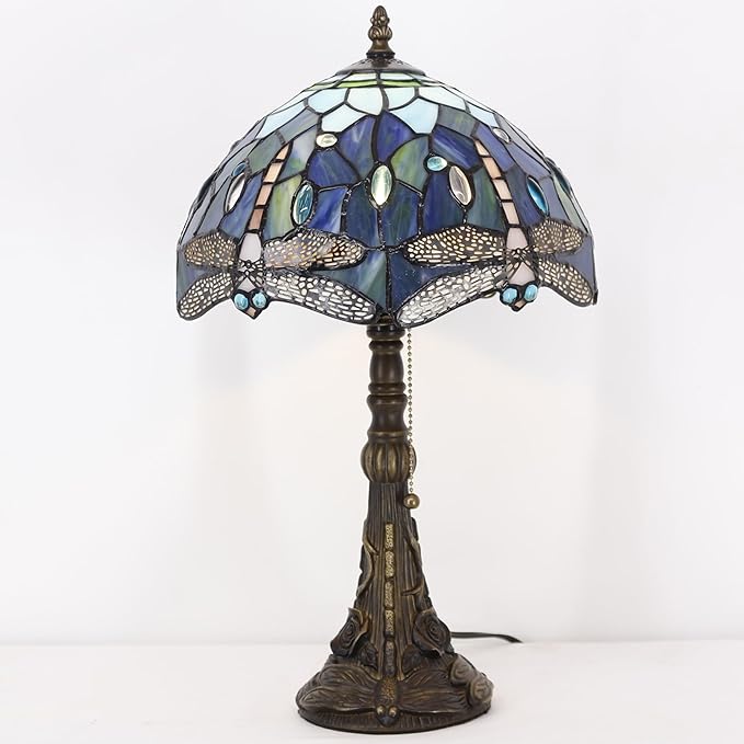 Tiffany Stained Glass Table Lamp 12X12X19 Inch Blue Dragonfly Style Desk Bedroom Living Room Reading Light (Blue Dragonfly) - Bloomnest