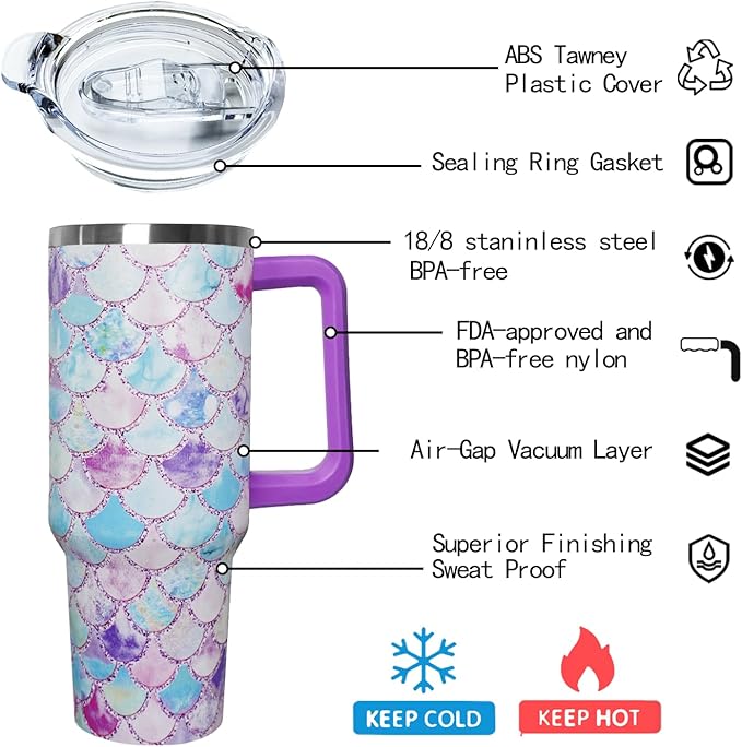 Ceovfoi 40 Oz Double Wall Vacuum Stainless Steel Tumbler with Handle Lid and Straw, Ocean Mermaid Watercolor Cup, Travel Coffee Mug, Hawaiian Decor, Accessories - Bloomnest