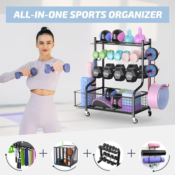 PLKOW Dumbbell Rack, Weight Rack for Dumbbells, Home Gym Storage for Dumbbells Kettlebells Yoga Mat and Balls, All in One Workout Storage with Wheels and Hooks, Powder Coated Finish Steel - Bloomnest