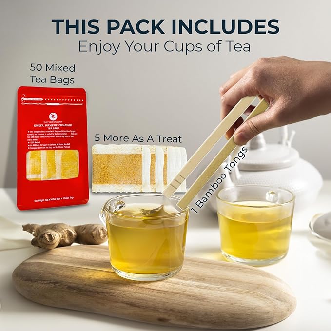 Ginger Lemon Tea Bags - 55 Count (+5 Tea Bags) - 5.22 oz, Refresh Sour, Re-Steep Herbal Detox Tea Blend for NaturalSupport and Body Warm, Energy Support, Bamboo Tong Include - Bloomnest
