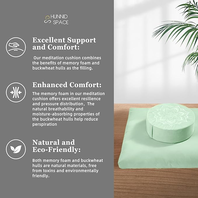 Meditation Zafu Cushion Set with Buckwheat Hulls & Memory Foam - Ergonomic Support for Yoga & Sitting - Removable Machine-Washable Luxury Velvet Cover - for Adults and Kids (Sage Green)