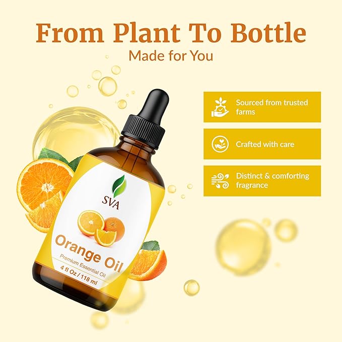 SVA Orange Essential Oil – 4 Fl Oz – 100% Natural Orange Oil - for Diffuser, Hair Care, Face, Skin Care, Aromatherapy, Scalp and Body Massage, Soap and Candle Making - with Dropper - Bloomnest