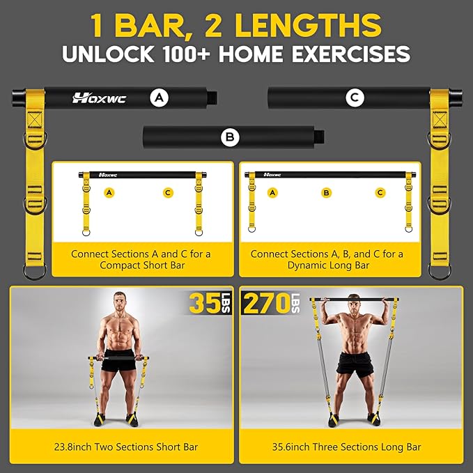 Pilates Equipment, Portable Pilates Bar Kit with Resistance Bands, Professional Adjustable Heavy Duty Squat Workout Equipment for Men, Home Gym Muscle Strength Training, Full Body Exercise - Bloomnest