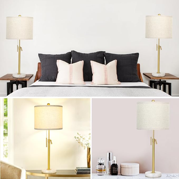 Table Lamp Set of 2: 22" to 30" Height Adjustable Pull Chain Switch for Living Room Bedroom End Table, Marble Base Beige Linen Shade Gold Nightstand Lamp for Office, Bedside Table (Gold, Beige Shade) - Bloomnest