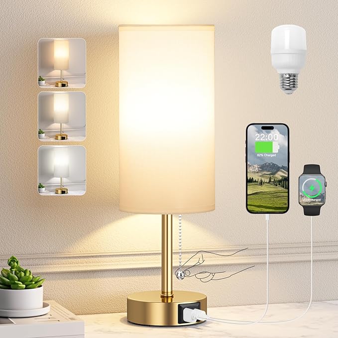 Gold Bedside Lamp for Bedroom Nightstand - Small Table Lamp with USB A + C Charging Port, 3 Color Temperatures Pull Chain Night Stand Light, Side Table Desk Reading Lamp for Living Room/Dorm Room - Bloomnest