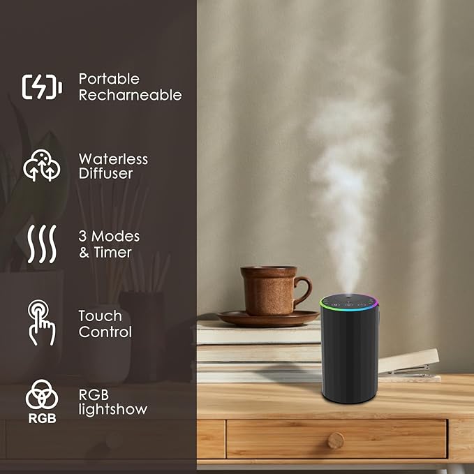Waterless Essential Oil Diffuser, 7 Colors LED Light, Battery Powered Mini Scent Air Machine, Aromatherapy Mist Diffuser for Home Room Car Office，Black Aluminum Alloy - Bloomnest