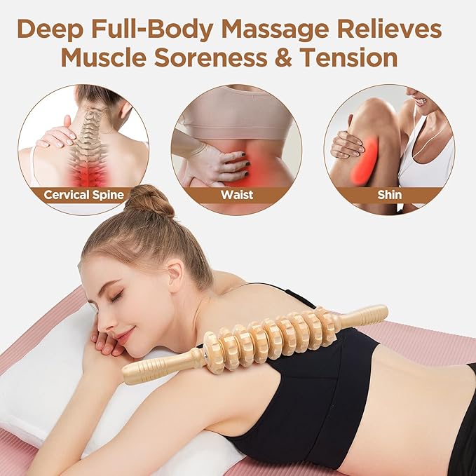 Wooden Cellulite Massage Roller for Legs and Thighs - Handheld Fascia Blaster Tool for Muscle Relief, Lymphatic Drainage & Body Sculpting - Anti Cellulite Massager for Women and Men (9 Wheel) - Bloomnest