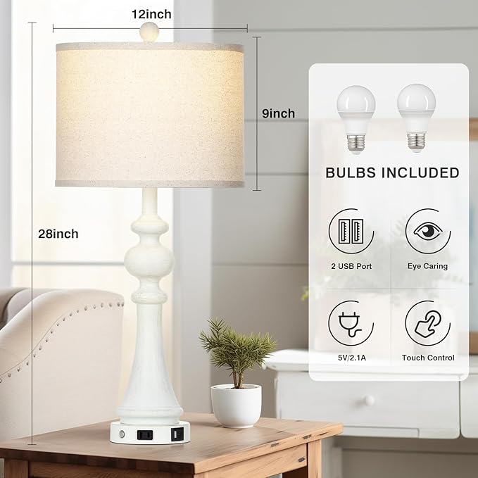 28" Farmhouse Table Lamp with USB A+C Fast Ports & AC Outlets, Vintage Rustic 3-Way Dimmable Touch Control Table Lamp, Rustic Traditional Bedside Nightstand Lamp for Living Room Bedroom White - Bloomnest