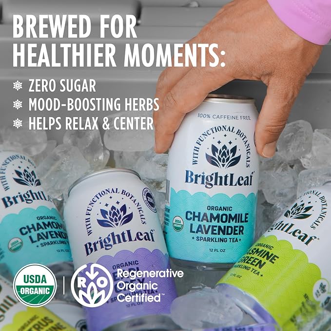 BrightLeaf Regenerative Organic Sparkling Tea, Chamomile Lavender 12 oz Cans (Pack of 12) – Zero Sugar & Zero Calories – Organic Herbal Tea Drink – Mood-boosting ingredients – Craft Brewed Botanical Beverage - Bloomnest